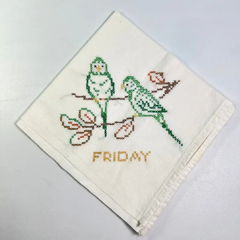 Vintage 4 Tea Towels Set Days of the Week Cross Stitch Love Birds Cottage
